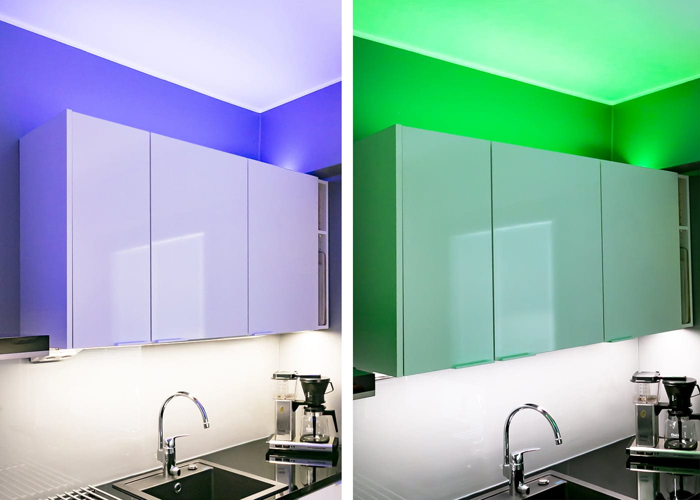 Keittiön valaistusratkaisut LedStore.fi verkkokaupasta: Inspiroidu LED-valaistuksen tuomista mahdollisuuksista kahden vierekkäisen kuvan avulla. Vasemmalla puolella näet modernien kaapistojen yläpuolella hohtavat violetit LED-valot, kun taas oikealla puolella loistaa raikas vihreä valaistus. Kummallakin puolella on tyylikkäät kaapistot ja niiden alla kätevästi sijoitettuna kahvinkeitin, mikä yhdistää tyylin ja toimivuuden saumattomasti.